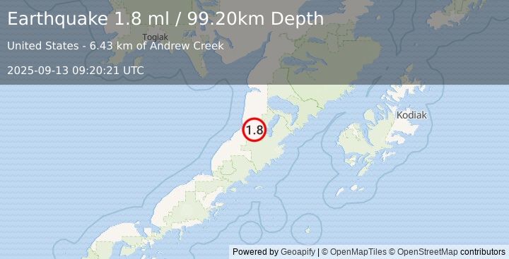 Earthquake 7 km ENE of Ugashik, Alaska (1.8 ml) (2025-09-13 09:20:21 UTC)