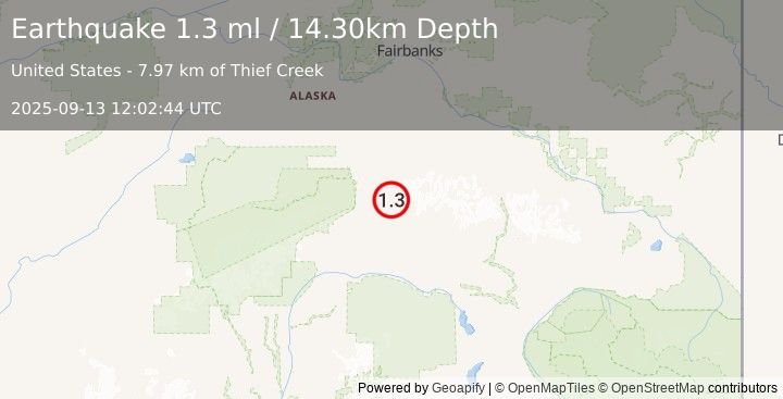 Earthquake 45 km ENE of Cantwell, Alaska (1.3 ml) (2025-09-13 12:02:44 UTC)
