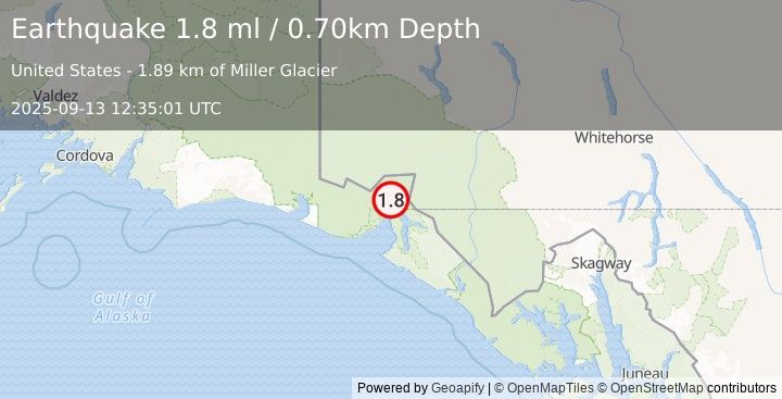 Earthquake 62 km N of Yakutat, Alaska (1.8 ml) (2025-09-13 12:35:01 UTC)