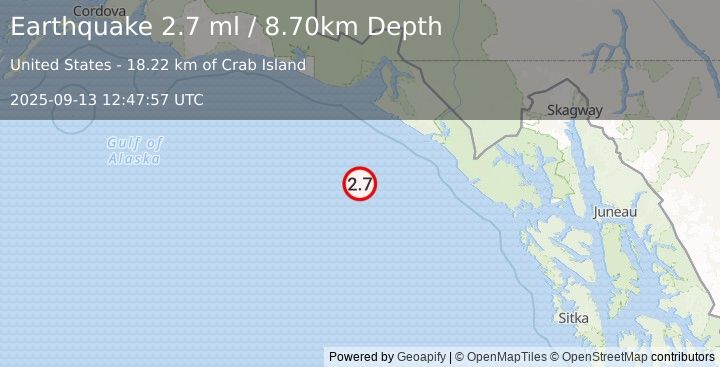 Earthquake 104 km S of Yakutat, Alaska (2.7 ml) (2025-09-13 12:47:57 UTC)
