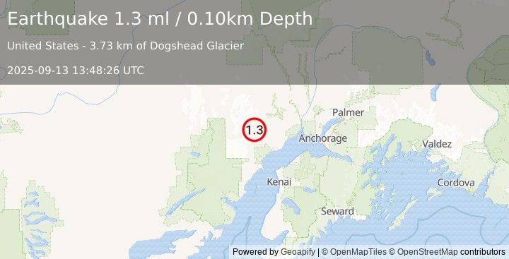 Earthquake 55 km WNW of Beluga, Alaska (1.3 ml) (2025-09-13 13:48:26 UTC)