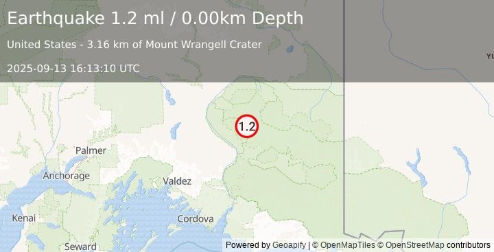 Earthquake 52 km ENE of Kenny Lake, Alaska (1.2 ml) (2025-09-13 16:13:10 UTC)