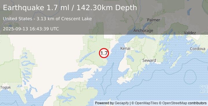 Earthquake 76 km WNW of Ninilchik, Alaska (1.7 ml) (2025-09-13 16:43:39 UTC)