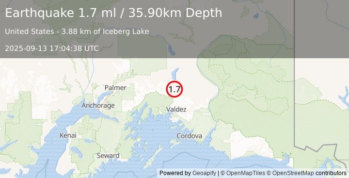 Earthquake 48 km N of Valdez, Alaska (1.7 ml) (2025-09-13 17:04:38 UTC)