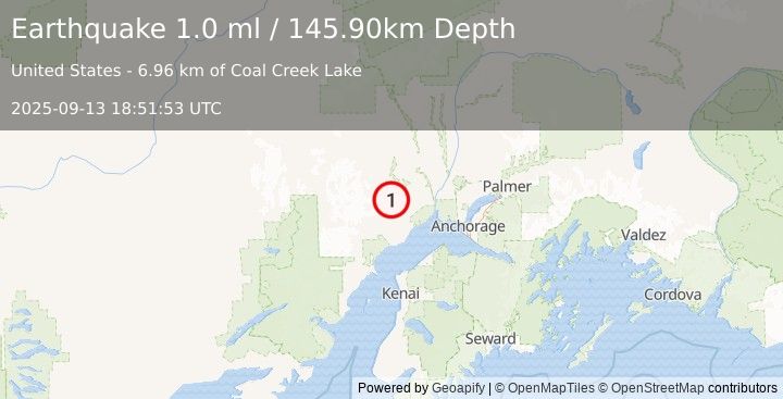 Earthquake 41 km NNW of Beluga, Alaska (1.0 ml) (2025-09-13 18:51:53 UTC)