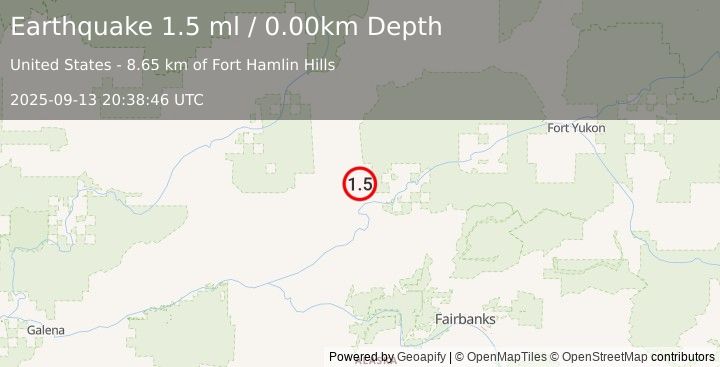 Earthquake 43 km W of Stevens Village, Alaska (1.5 ml) (2025-09-13 20:38:46 UTC)
