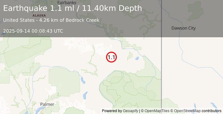 Earthquake 46 km WNW of Mentasta Lake, Alaska (1.1 ml) (2025-09-14 00:08:43 UTC)