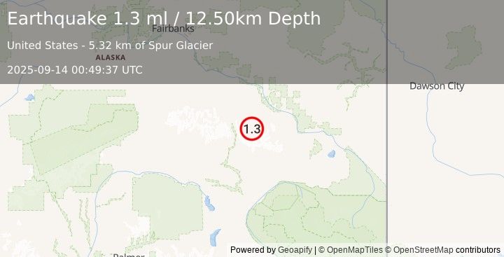 Earthquake 35 km SW of Dry Creek, Alaska (1.3 ml) (2025-09-14 00:49:37 UTC)
