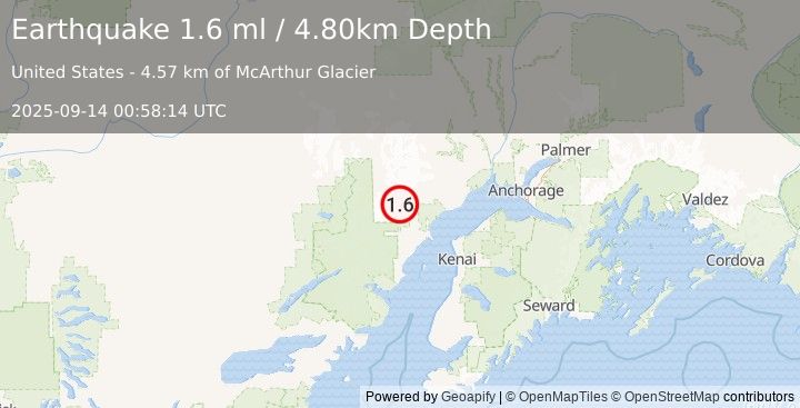 Earthquake 67 km W of Tyonek, Alaska (1.6 ml) (2025-09-14 00:58:14 UTC)