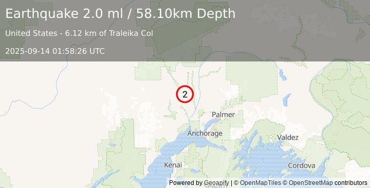 Earthquake 34 km E of Skwentna, Alaska (2.0 ml) (2025-09-14 01:58:26 UTC)