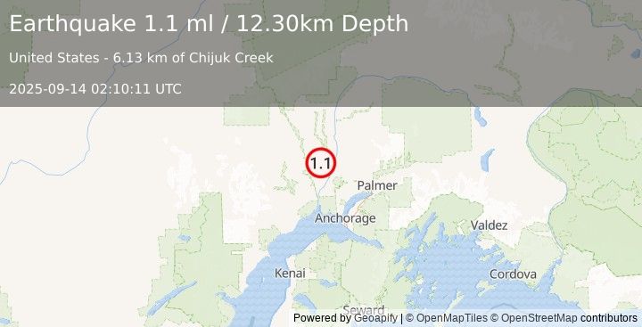 Earthquake 26 km WNW of Willow, Alaska (1.1 ml) (2025-09-14 02:10:11 UTC)