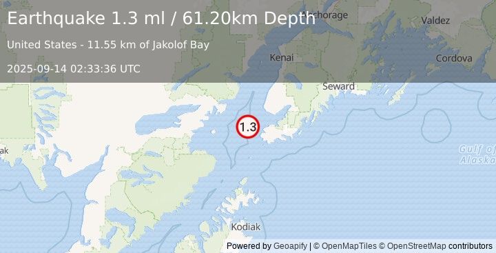 Earthquake 25 km WNW of Nanwalek, Alaska (1.3 ml) (2025-09-14 02:33:36 UTC)