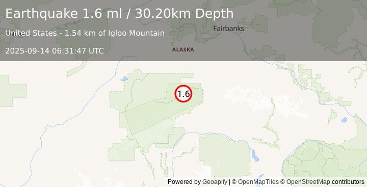 Earthquake 39 km WSW of Denali Park, Alaska (1.6 ml) (2025-09-14 06:31:47 UTC)