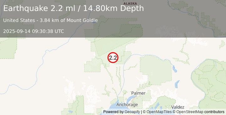 Earthquake 30 km NNW of Petersville, Alaska (2.2 ml) (2025-09-14 09:30:38 UTC)