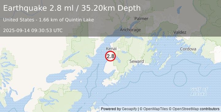 Earthquake 5 km SSW of Kasilof, Alaska (2.8 ml) (2025-09-14 09:30:53 UTC)