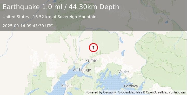 Earthquake 37 km NNW of Sutton-Alpine, Alaska (1.0 ml) (2025-09-14 09:43:39 UTC)