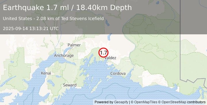 Earthquake 34 km NW of Valdez, Alaska (1.7 ml) (2025-09-14 13:13:21 UTC)