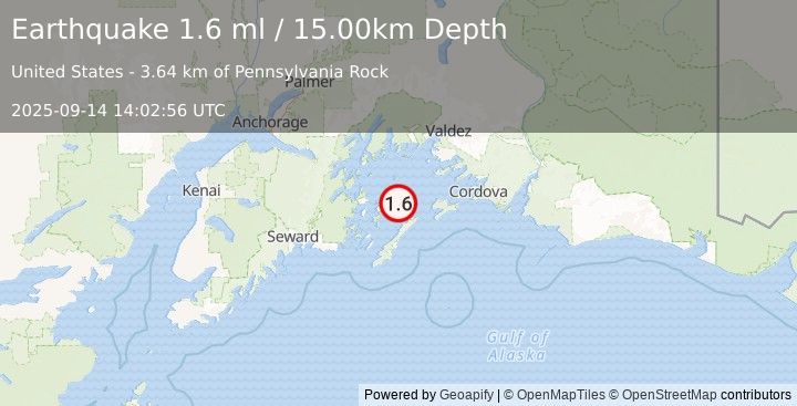 Earthquake 54 km NE of Chenega, Alaska (1.6 ml) (2025-09-14 14:02:56 UTC)