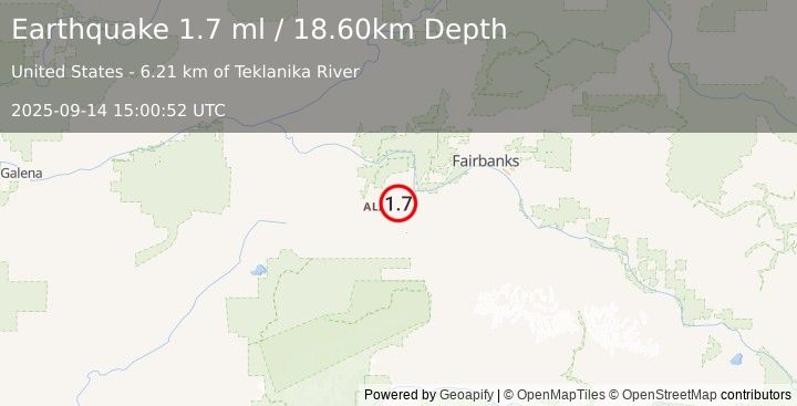 Earthquake 19 km NW of Anderson, Alaska (1.7 ml) (2025-09-14 15:00:52 UTC)