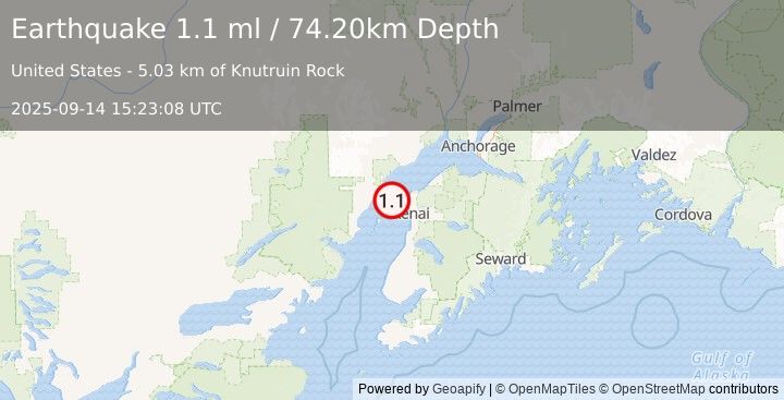 Earthquake 18 km WNW of Salamatof, Alaska (1.1 ml) (2025-09-14 15:23:08 UTC)