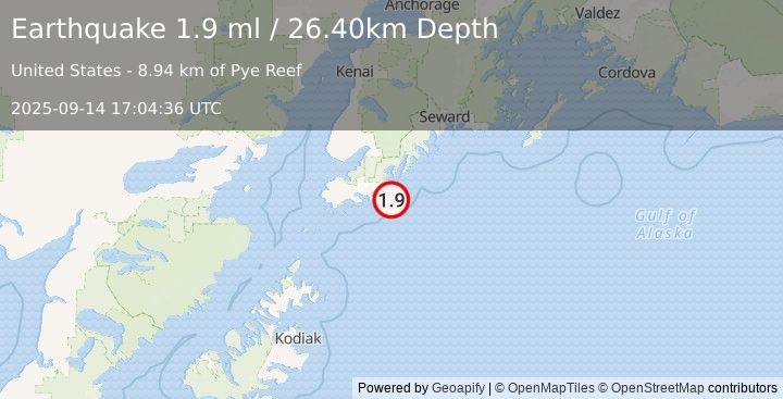 Earthquake 55 km SE of Halibut Cove, Alaska (1.9 ml) (2025-09-14 17:04:36 UTC)