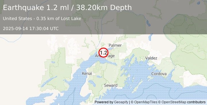 Earthquake 3 km SSW of Point MacKenzie, Alaska (1.2 ml) (2025-09-14 17:30:04 UTC)