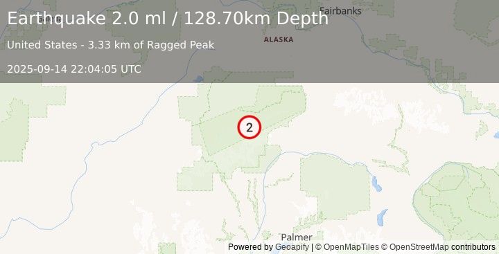 Earthquake 66 km ESE of Denali National Park, Alaska (2.0 ml) (2025-09-14 22:04:05 UTC)