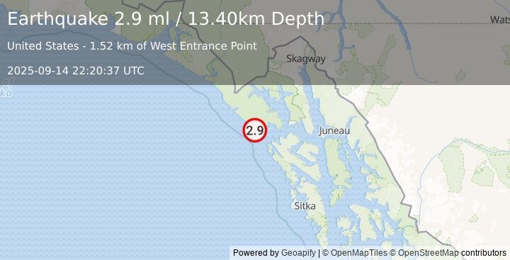 Earthquake 34 km WNW of Elfin Cove, Alaska (2.9 ml) (2025-09-14 22:20:37 UTC)