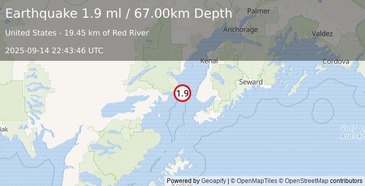 Earthquake 33 km WNW of Anchor Point, Alaska (1.9 ml) (2025-09-14 22:43:46 UTC)