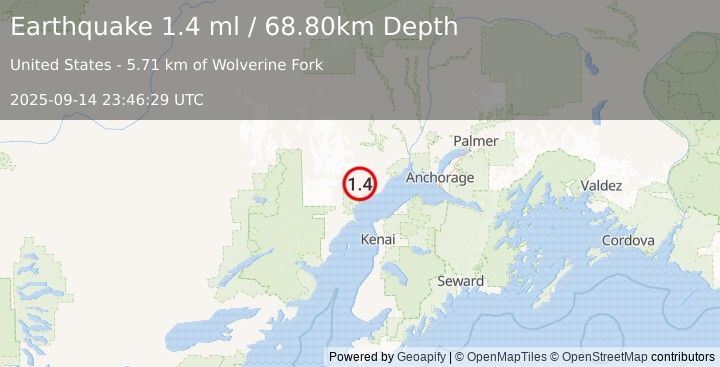 Earthquake 29 km WNW of Tyonek, Alaska (1.4 ml) (2025-09-14 23:46:29 UTC)