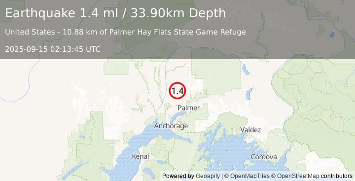 Earthquake 25 km SSE of Susitna North, Alaska (1.4 ml) (2025-09-15 02:13:45 UTC)