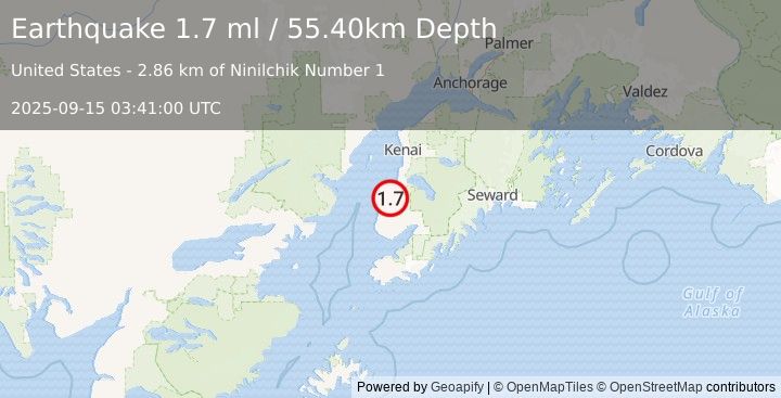 Earthquake 8 km E of Ninilchik, Alaska (1.7 ml) (2025-09-15 03:41:00 UTC)
