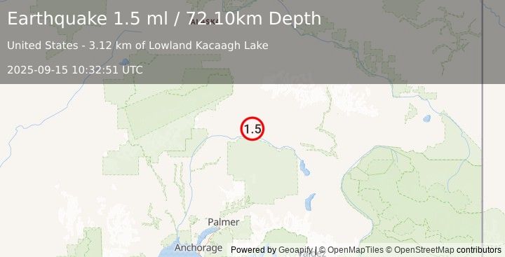 Earthquake 61 km SE of Cantwell, Alaska (1.5 ml) (2025-09-15 10:32:51 UTC)