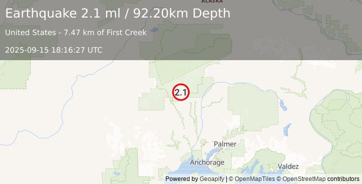 Earthquake 23 km NW of Petersville, Alaska (2.1 ml) (2025-09-15 18:16:27 UTC)