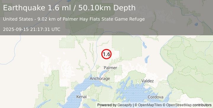 Earthquake 25 km ESE of Susitna North, Alaska (1.6 ml) (2025-09-15 21:17:31 UTC)