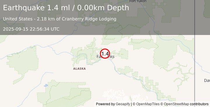 Earthquake 3 km NW of Farmers Loop, Alaska (1.4 ml) (2025-09-15 22:56:34 UTC)