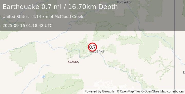 Earthquake 15 km N of Ester, Alaska (0.7 ml) (2025-09-16 01:18:42 UTC)
