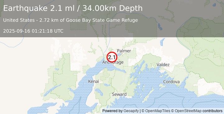 Earthquake 3 km NNE of Point MacKenzie, Alaska (2.1 ml) (2025-09-16 01:21:18 UTC)