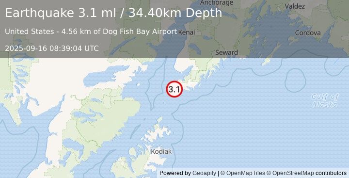 Earthquake 10 km S of Port Graham, Alaska (3.1 ml) (2025-09-16 08:39:04 UTC)
