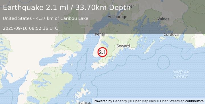 Earthquake 4 km W of Fox River, Alaska (2.1 ml) (2025-09-16 08:52:36 UTC)