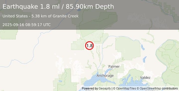 Earthquake 26 km W of Petersville, Alaska (1.8 ml) (2025-09-16 08:59:17 UTC)