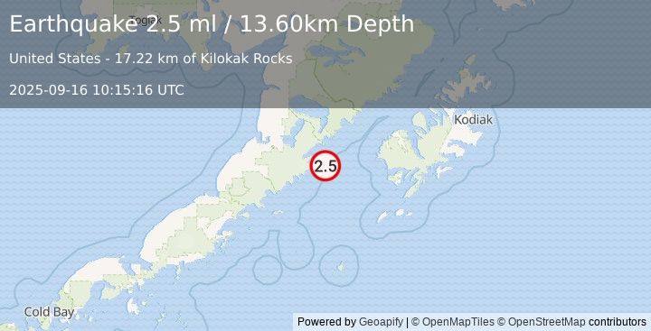 Earthquake 91 km ESE of Ugashik, Alaska (2.5 ml) (2025-09-16 10:15:16 UTC)