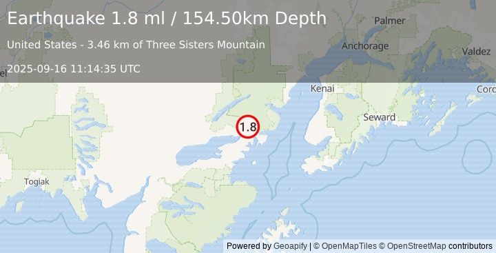 Earthquake 32 km NE of Pedro Bay, Alaska (1.8 ml) (2025-09-16 11:14:35 UTC)
