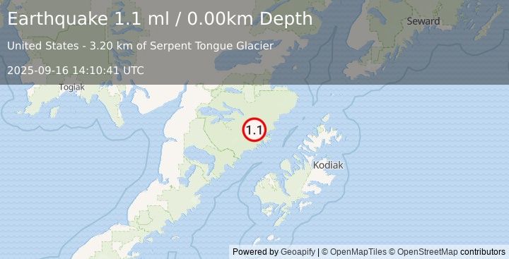 Earthquake 90 km N of Karluk, Alaska (1.1 ml) (2025-09-16 14:10:41 UTC)