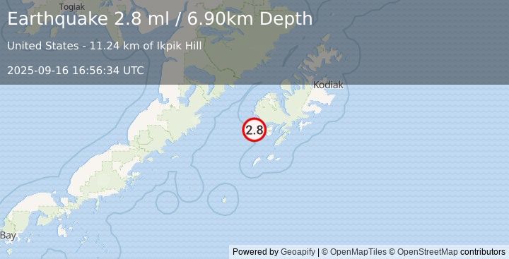 Earthquake 33 km WNW of Akhiok, Alaska (2.8 ml) (2025-09-16 16:56:34 UTC)