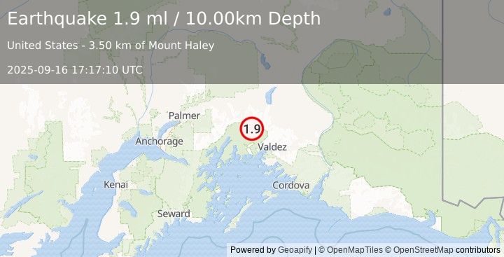 Earthquake 45 km NW of Valdez, Alaska (1.9 ml) (2025-09-16 17:17:10 UTC)