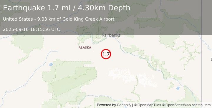 Earthquake 52 km E of Clear, Alaska (1.7 ml) (2025-09-16 18:15:56 UTC)
