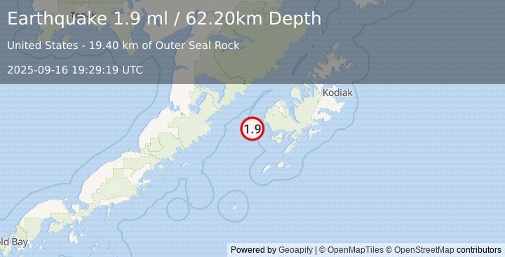Earthquake 56 km SW of Karluk, Alaska (1.9 ml) (2025-09-16 19:29:19 UTC)