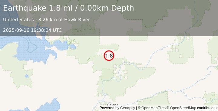Earthquake 68 km NNW of Huslia, Alaska (1.8 ml) (2025-09-16 19:38:04 UTC)
