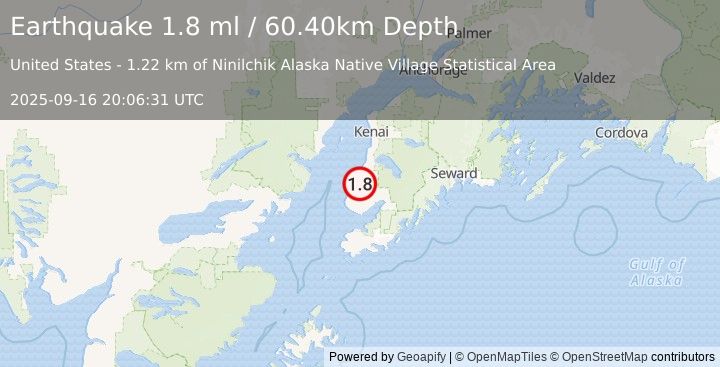 Earthquake 11 km SE of Ninilchik, Alaska (1.8 ml) (2025-09-16 20:06:31 UTC)